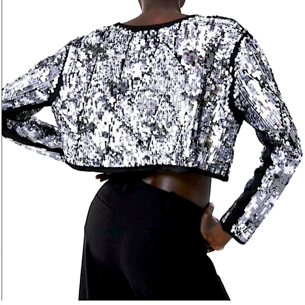 Zara Silver and Black Women's Crop Sweater or Bolero - NWT, size M